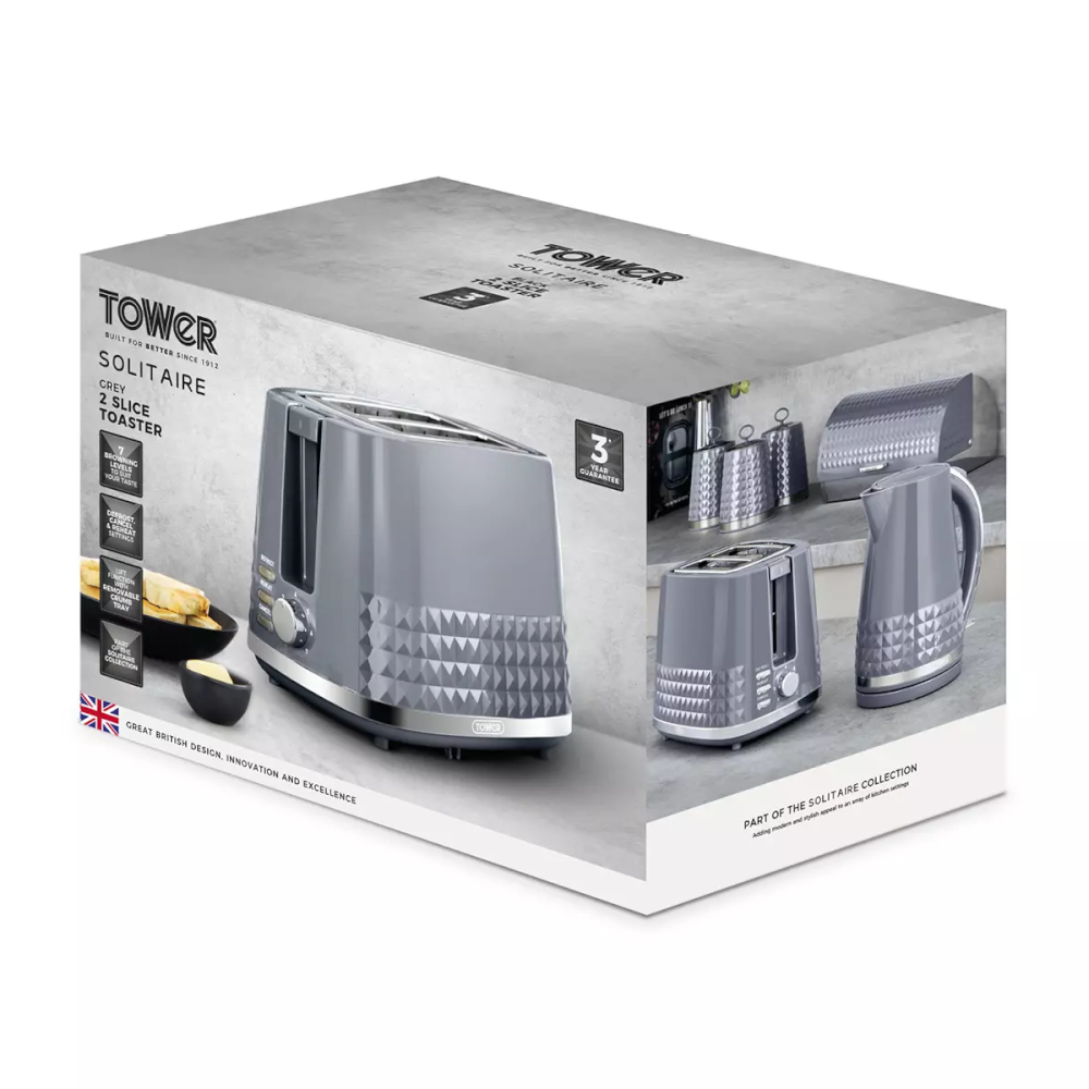 Tower T20082GRY Solitaire Toaster 2 Slice - Grey - Premium Toasters from Tower - Just $28.99! Shop now at W Hurst & Son (IW) Ltd