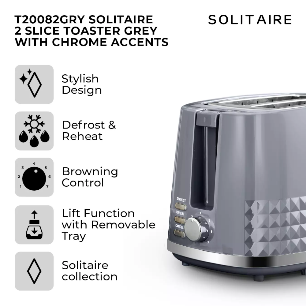 Tower T20082GRY Solitaire Toaster 2 Slice - Grey - Premium Toasters from Tower - Just $28.99! Shop now at W Hurst & Son (IW) Ltd