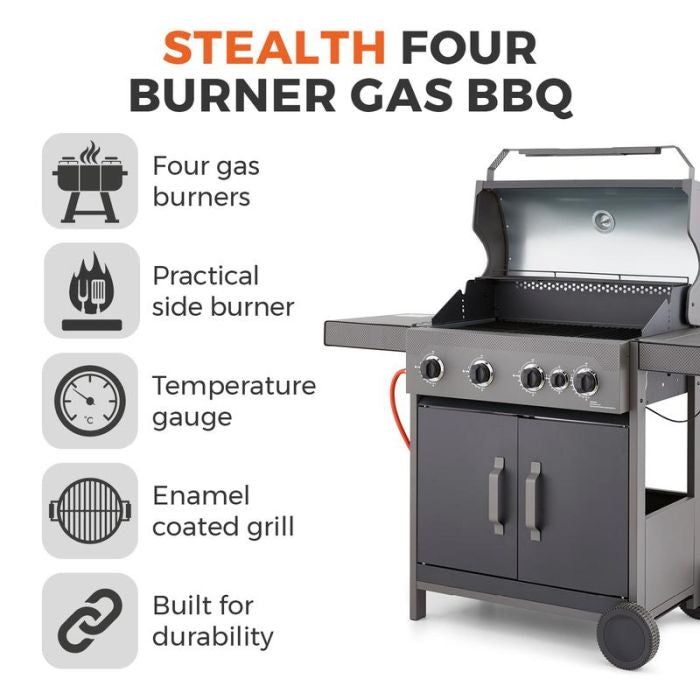 Tower T978502 Stealth 4000 Four Burner BBQ with Side Burner - Premium Gas Barbecues from Tower - Just $324.00! Shop now at W Hurst & Son (IW) Ltd