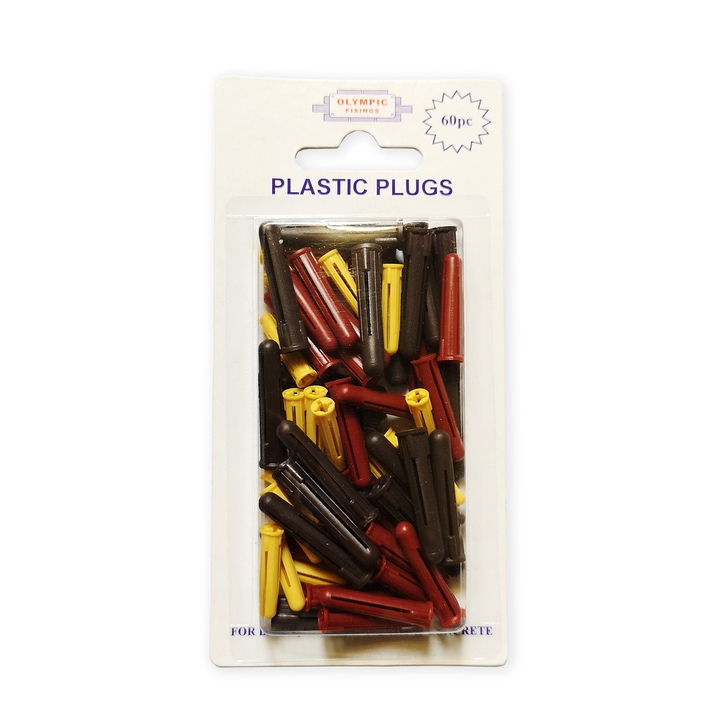 Olympic Fixings Plastic Plugs - Mixed (Y,R,B) Pk 60 - Premium Wall Plugs from Olympic Fixings - Just $0.5! Shop now at W Hurst & Son (IW) Ltd