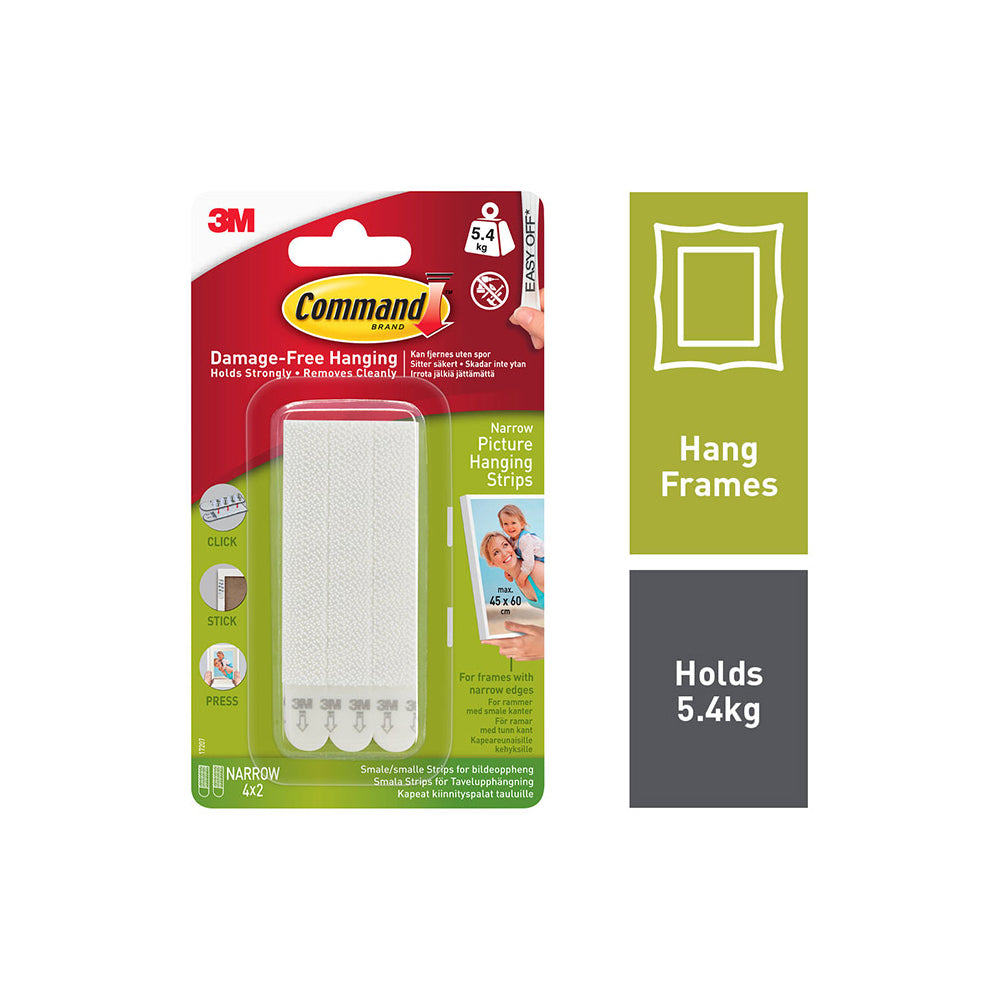 Command Narrow Picture Hanging Strips Pkt4 - 4342 Picture Hanging t/a Wilsons Adhesive Brand_Command CarlR Collections_Picture Hanging Collections_Tapes / Adhesives Command Brand Jul25 Picture Hanger Picture Hanging Picture Hook Product Type_Adhesive Hooks Product Type_Picture Hanging Product Type_Self Adhesive Film Tapes & Adhesives