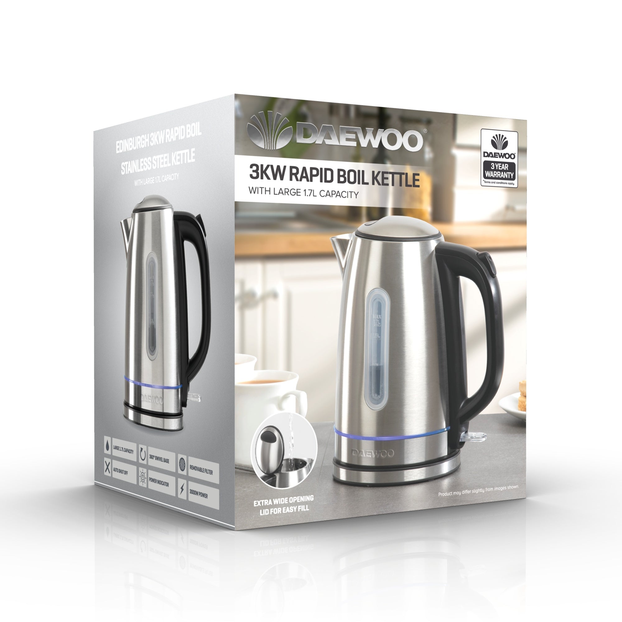 Daewoo SDA2544 Edinburgh Rapid Boil Jug Kettle 1.7Ltr 3kW S/Steel Electric Kettles Daewoo Aug23 Brand_Daewoo Collections_Kettles Daewoo Domestic Appliances Electric Kettles Electrical Eurosonic Google Product Kettle Kettles Mark.Williams Product Type_Kettles