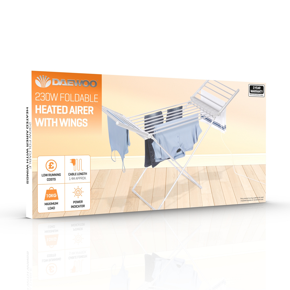 Daewoo HEA1177 Foldable Heated Airer with Wings 230W - Premium Airers from Daewoo - Just $59.99! Shop now at W Hurst & Son (IW) Ltd