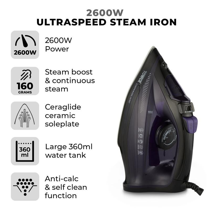 Tower T22011 Ultraspeed Steam Iron 2600w - Purple - Premium Steam Irons from Tower - Just $24.95! Shop now at W Hurst & Son (IW) Ltd