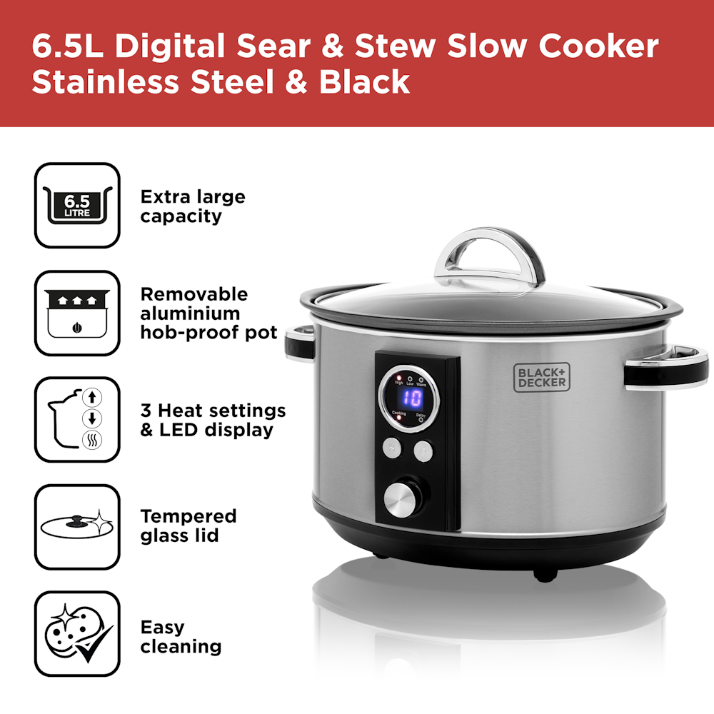 Black & Decker BXSC16045GB Digital Slow Cooker Stainless Steel 6.5 Ltr