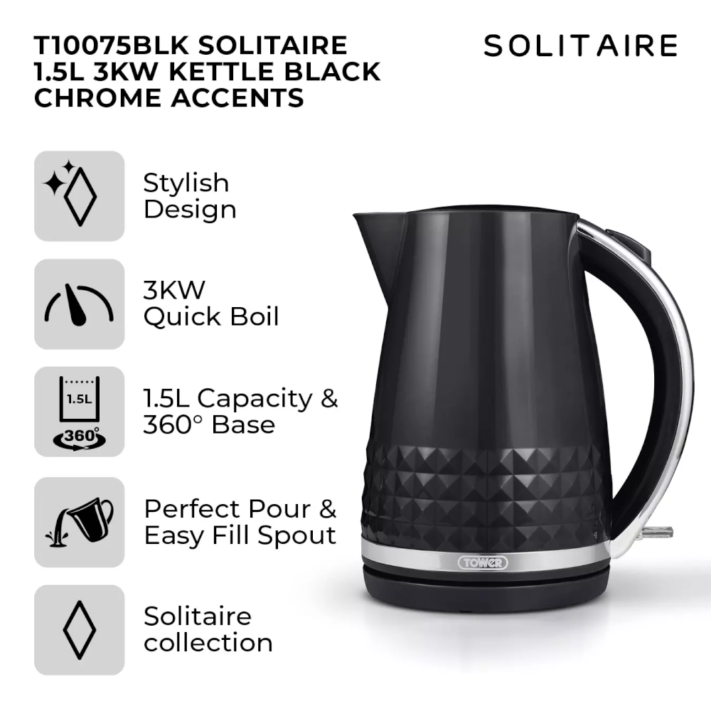 Tower T10075BLK Solitaire Jug Kettle 1.5Ltr 3kW - Black - Premium Electric Kettles from Tower - Just $28.99! Shop now at W Hurst & Son (IW) Ltd