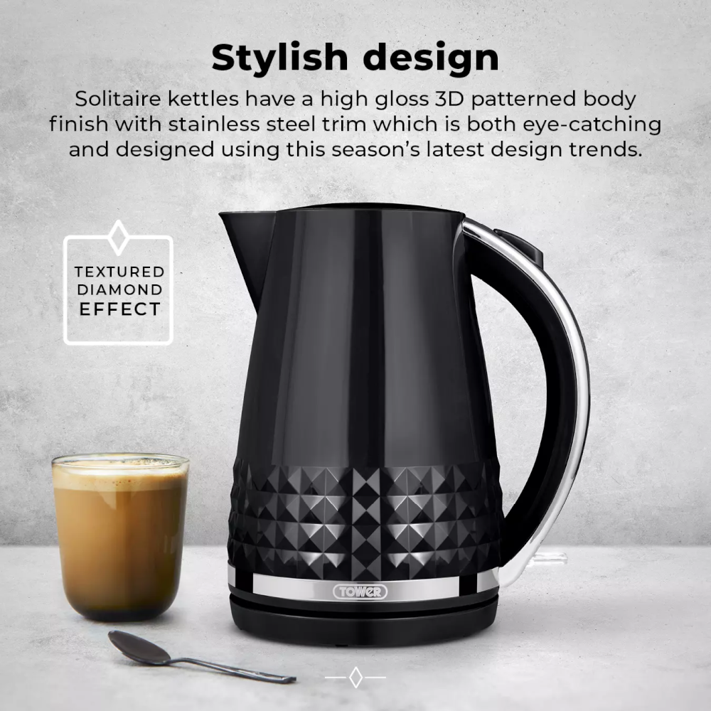Tower T10075BLK Solitaire Jug Kettle 1.5Ltr 3kW - Black - Premium Electric Kettles from Tower - Just $28.99! Shop now at W Hurst & Son (IW) Ltd