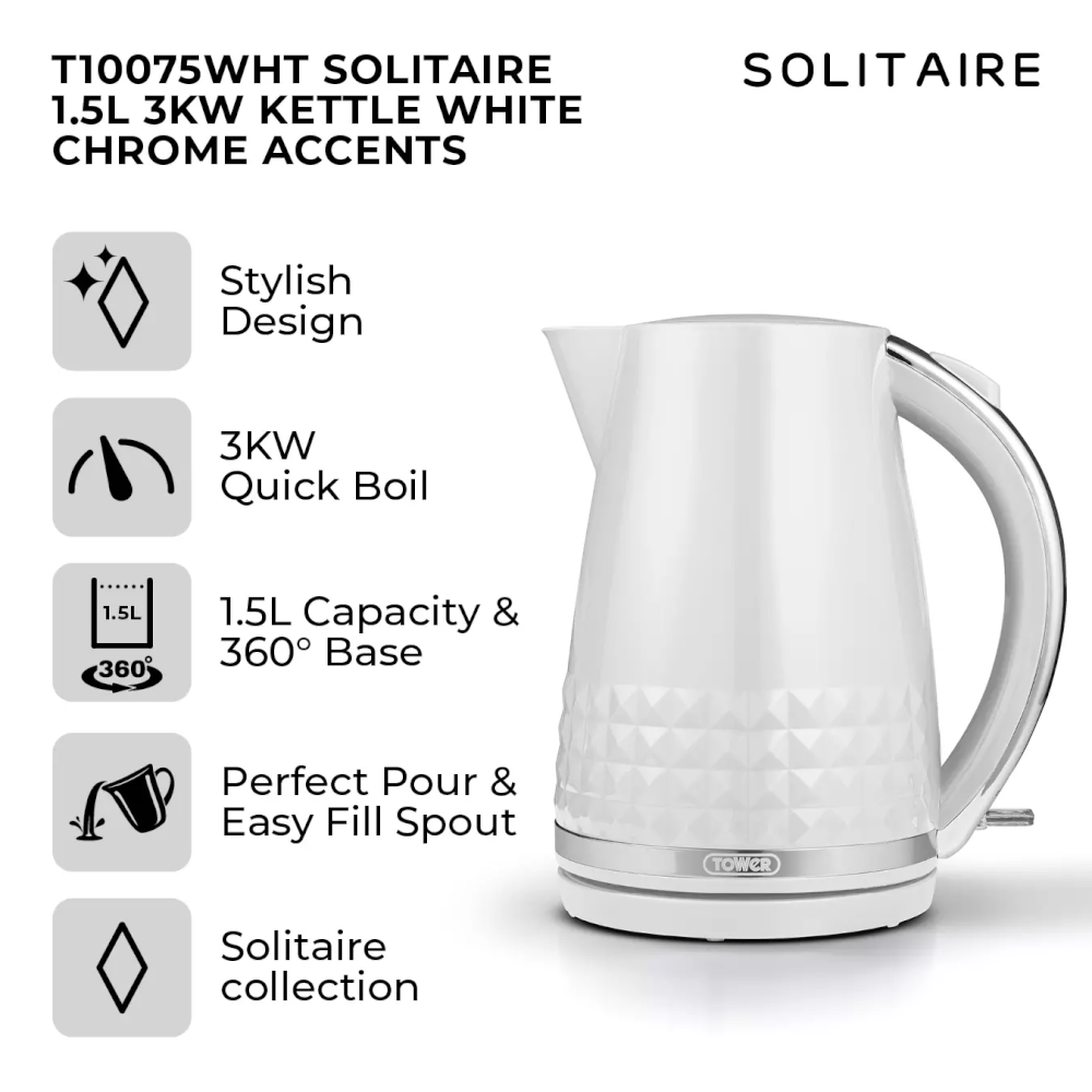 Tower T10075WHT Solitaire Jug Kettle 1.5Ltr 3kW - White - Premium Electric Kettles from Tower - Just $28.99! Shop now at W Hurst & Son (IW) Ltd