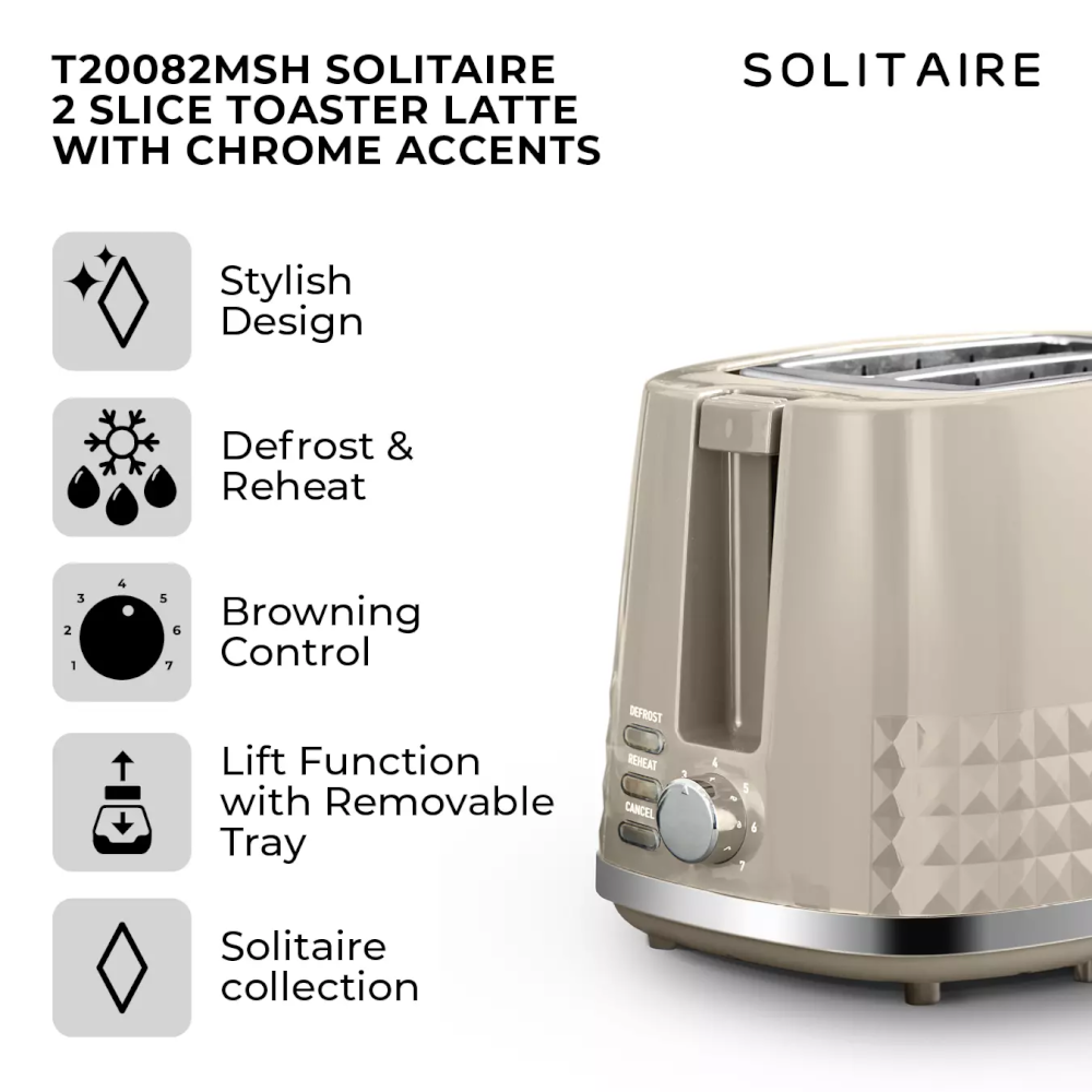 Tower T20082MSH Solitaire Toaster 2 Slice - Latte - Premium Toasters from Tower - Just $28.99! Shop now at W Hurst & Son (IW) Ltd