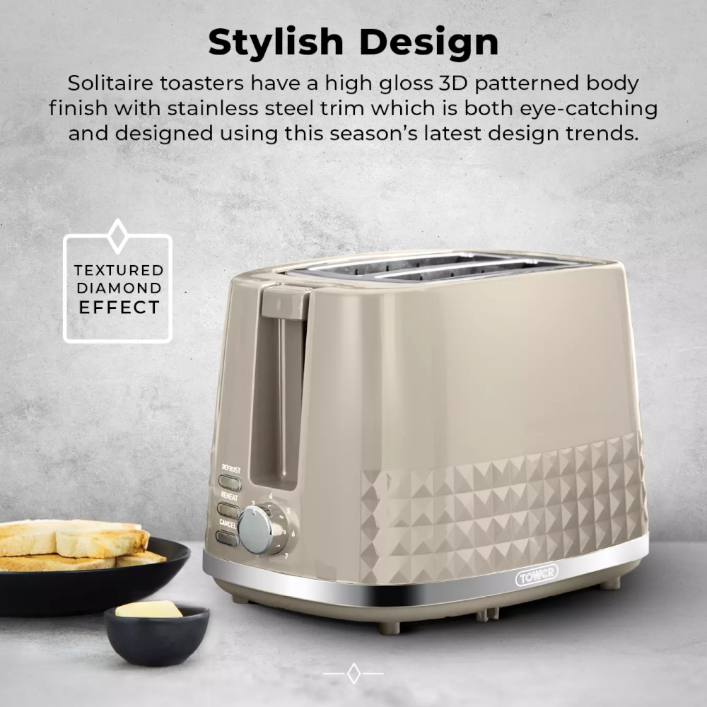 Tower T20082MSH Solitaire Toaster 2 Slice - Latte - Premium Toasters from Tower - Just $28.99! Shop now at W Hurst & Son (IW) Ltd