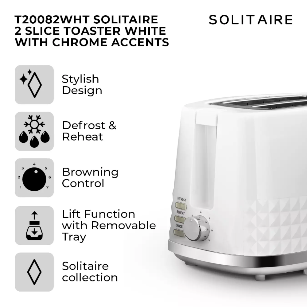Tower T20082WHT Solitaire Toaster 2 Slice - White - Premium Toasters from Tower - Just $28.99! Shop now at W Hurst & Son (IW) Ltd