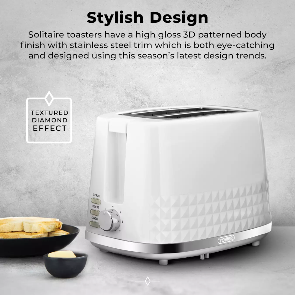 Tower T20082WHT Solitaire Toaster 2 Slice - White - Premium Toasters from Tower - Just $28.99! Shop now at W Hurst & Son (IW) Ltd