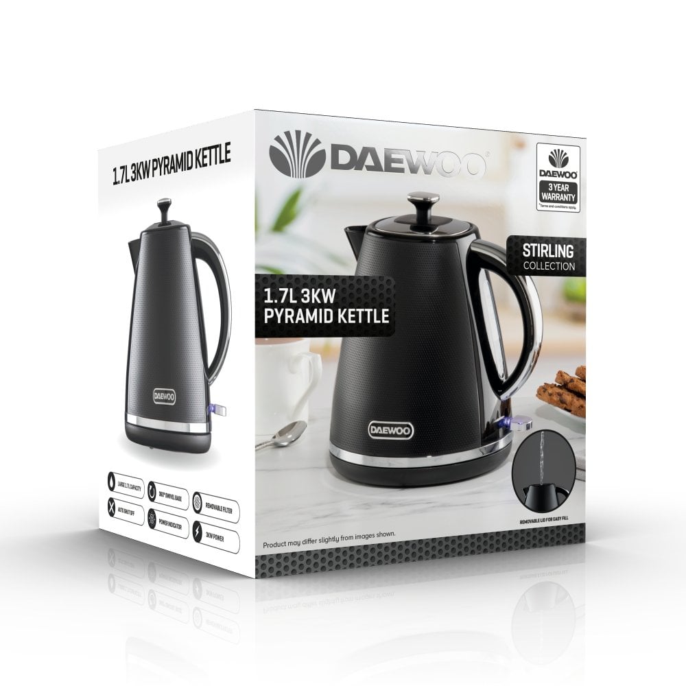 Daewoo SDA2624GE Stirling 1.7L 3kw Pyramid Kettle Black Electric Kettles Eurosonic Group Limited (AIS) Brand_Daewoo Coffee Teapots & Hob Kettles Collections_Coffee Teapots and Hob Kettles Collections_Kettles Daewoo Electric Kettles Jan25 Kettle Kettles Product Type_Kettles RobC