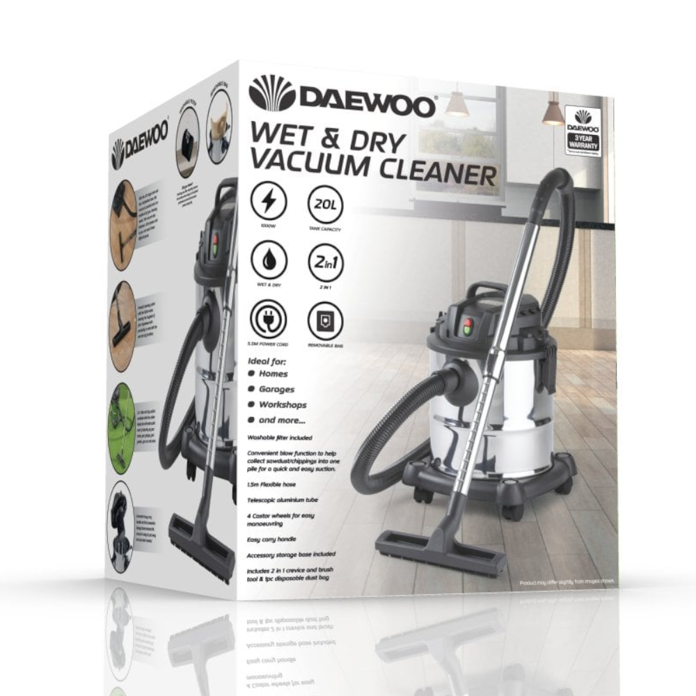 Daewoo FLR00141 Wet & Dry Cylinder Vacuum Cleaner 1000W 20Ltr - Premium Wet and Dry Vacuums from Daewoo - Just $52.95! Shop now at W Hurst & Son (IW) Ltd