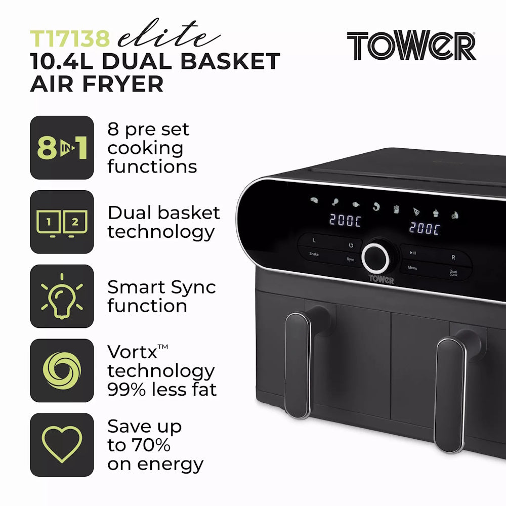 Tower T17138 Vortx Dual Air Fryer 10.4L Air Fryers R K Wholesale Ltd (AIS) Brand_Tower CarlR Collections_Cooking Appliances cooking & baking Cooking Appliances free delivery Kitchen Appliances Nov24 Product Type_Air Fryers Tower