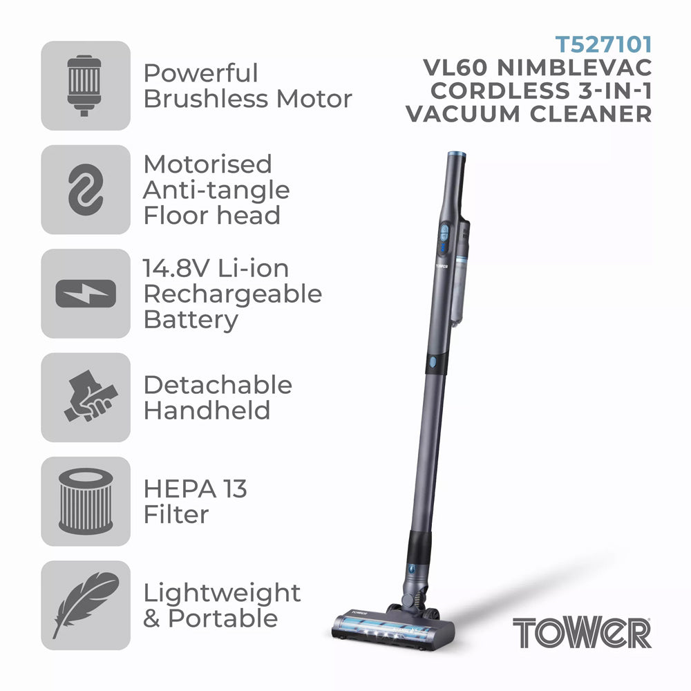 Tower VL60 NimbleVac Cordless Vacuum Cleaner - T527101 Cordless Vacuums R K Wholesale Ltd (AIS) aug25 Brand_Tower CarlR Product Type_Cordless Vacuums Tower Vacuums Vacuums & Floor Cleaners