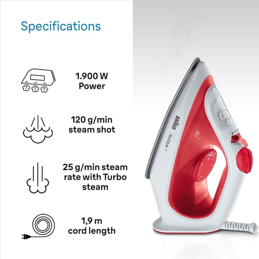 Braun TexStyle Steam Iron 1900W - BN1009 Steam Irons Bluestem Group aug25 Brand_Braun Braun CarlR iron Ironing Irons Laundry Laundry Appliances Product Type_Steam Irons Steam Iron