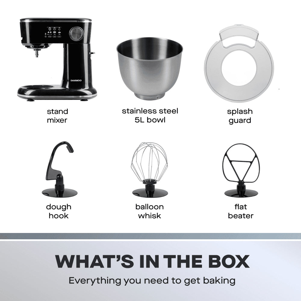 Daewoo Stand Mixer Black 1000W 5L - SDA2758 Mixing Bowls Eurosonic Group Limited (AIS) aug25 Baking Brand_Daewoo CarlR Collections_Baking cooking & baking Cooking Appliances Daewoo Kitchen Appliances Mixing Bowl Product Type_Mixing Bowls Product Type_Sundry Baking