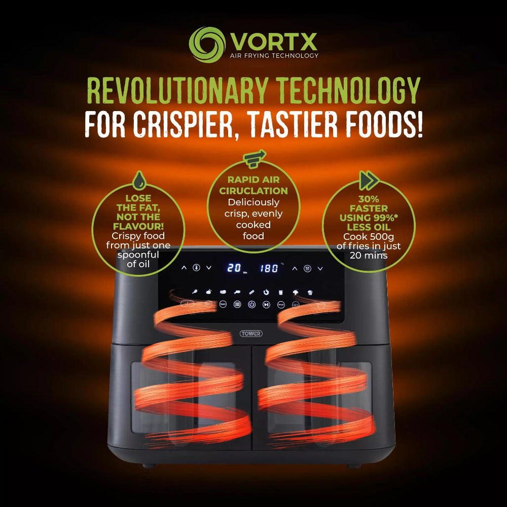 TOWER VORTX T17151 8L Dual Basket Air Fryer with Digital Controls Air Fryers R K Wholesale Ltd (AIS) Brand_Tower CarlR Collections_Cooking Appliances cooking & baking Cooking Appliances Feb25 free delivery Kitchen Appliances Product Type_Air Fryers Tower