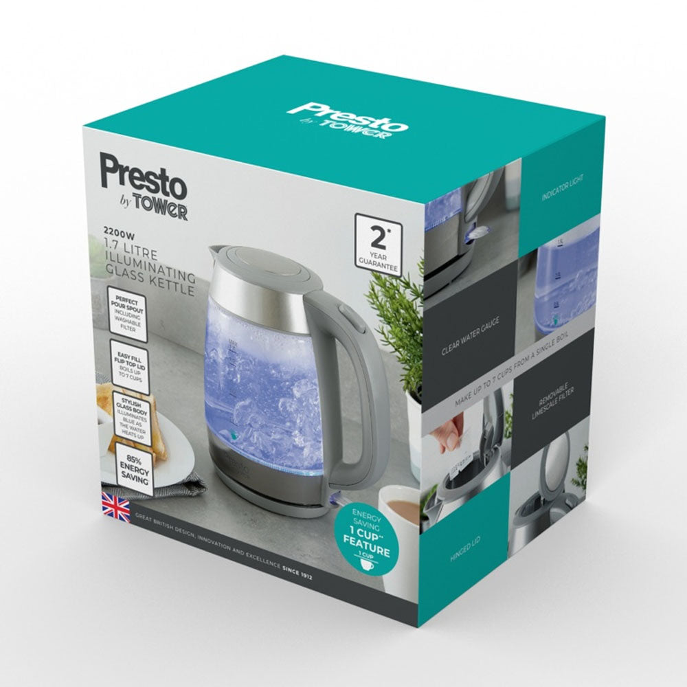 Presto Glass Jug Kettle 1.7Ltr - PT10040GRY Electric Kettles R K Wholesale Ltd (AIS) Brand_Tower CarlR Collections_Kettles Electric Kettles Kettle Kettles Kitchen Appliances Oct25 Product Type_Kettles Tower