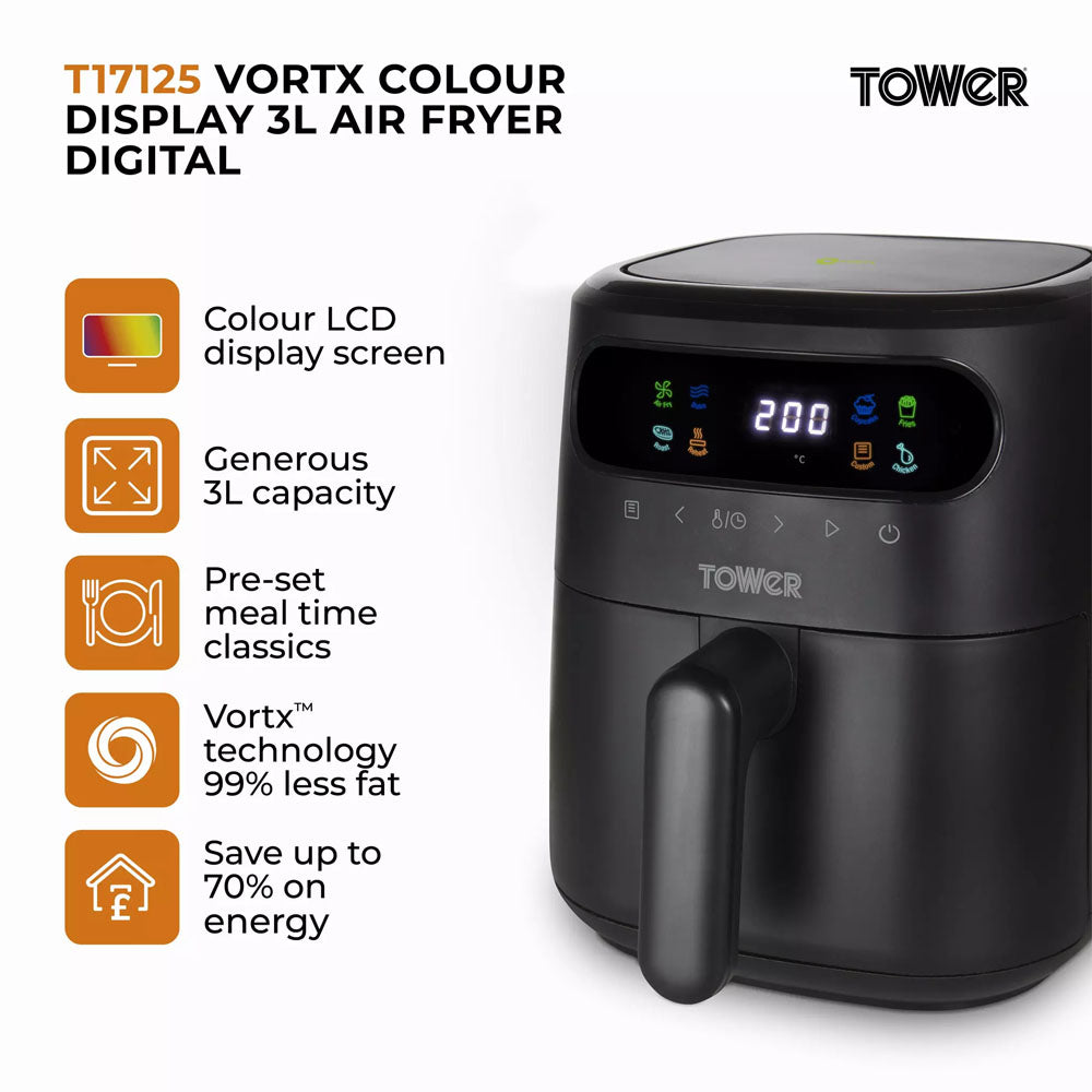 Tower Vortx 3L Digital Air Fryer - T17125 Air Fryers R K Wholesale Ltd (AIS) Brand_Tower CarlR Collections_Cooking Appliances Cooking cooking & baking Cooking Appliances Kitchen Appliances Oct25 Product Type_Air Fryers Save on Cooking Sundry Electric Cooking Tower