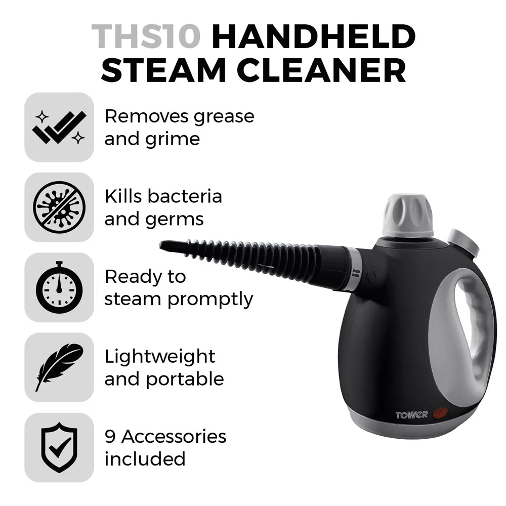 Tower Handheld Steam Cleaner – THS10 Silver - T134000PL Steam Cleaners RMS International Ltd aug25 CarlR Cleaning Cleaning Equipment Collections_Cleaning Equipment Home Household Cleaning Products Product Type_Electric Steamers Product Type_Steam Cleaners Product Type_Tower Fans Steamers Tower