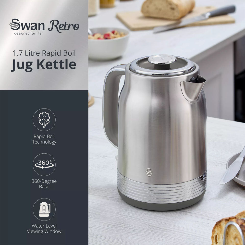 Swan Retro Revive Jug Kettle 1.7L – Stainless Steel - SK19025SS Electric Kettles R K Wholesale Ltd (AIS) Brand_Swan CarlR Collections_Kettles Electric Kettles Kettle Kettles Oct25 Product Type_Kettles Swan Swan Retro