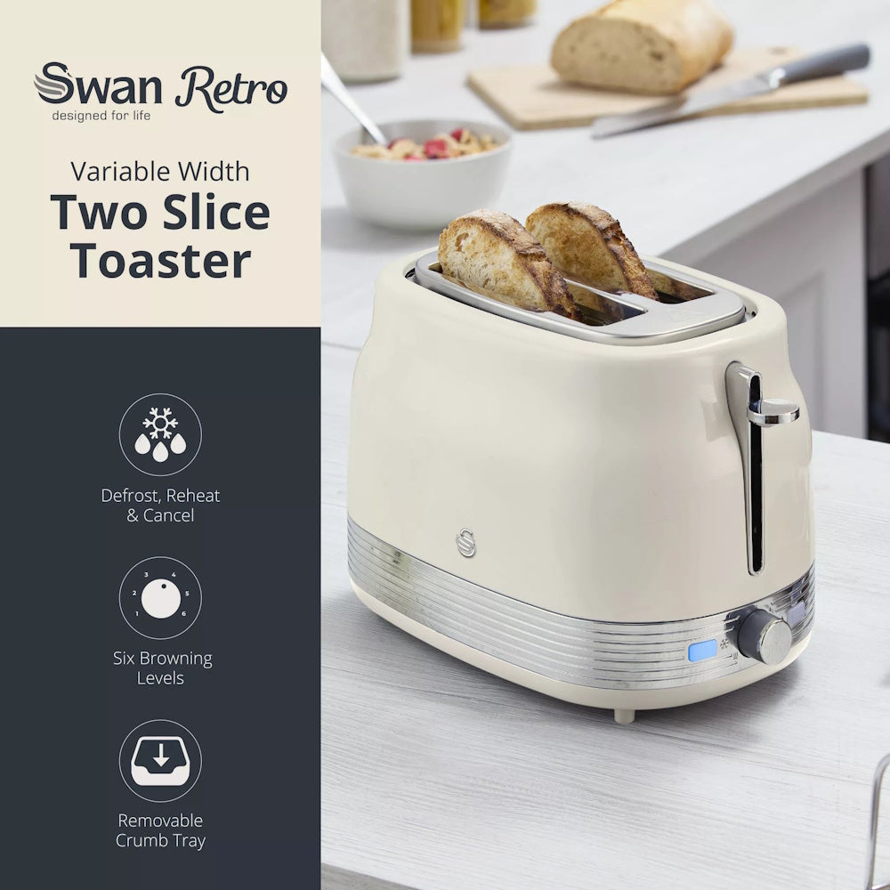 Swan Retro Revive 2 Slice Toaster – Cream - ST19028C Toasters R K Wholesale Ltd (AIS) Brand_Swan CarlR Collections_Toasters Kitchen Appliances Product Type_2 Slice Toasters Swan Swan Retro Toaster Toaster2 slice Toasters