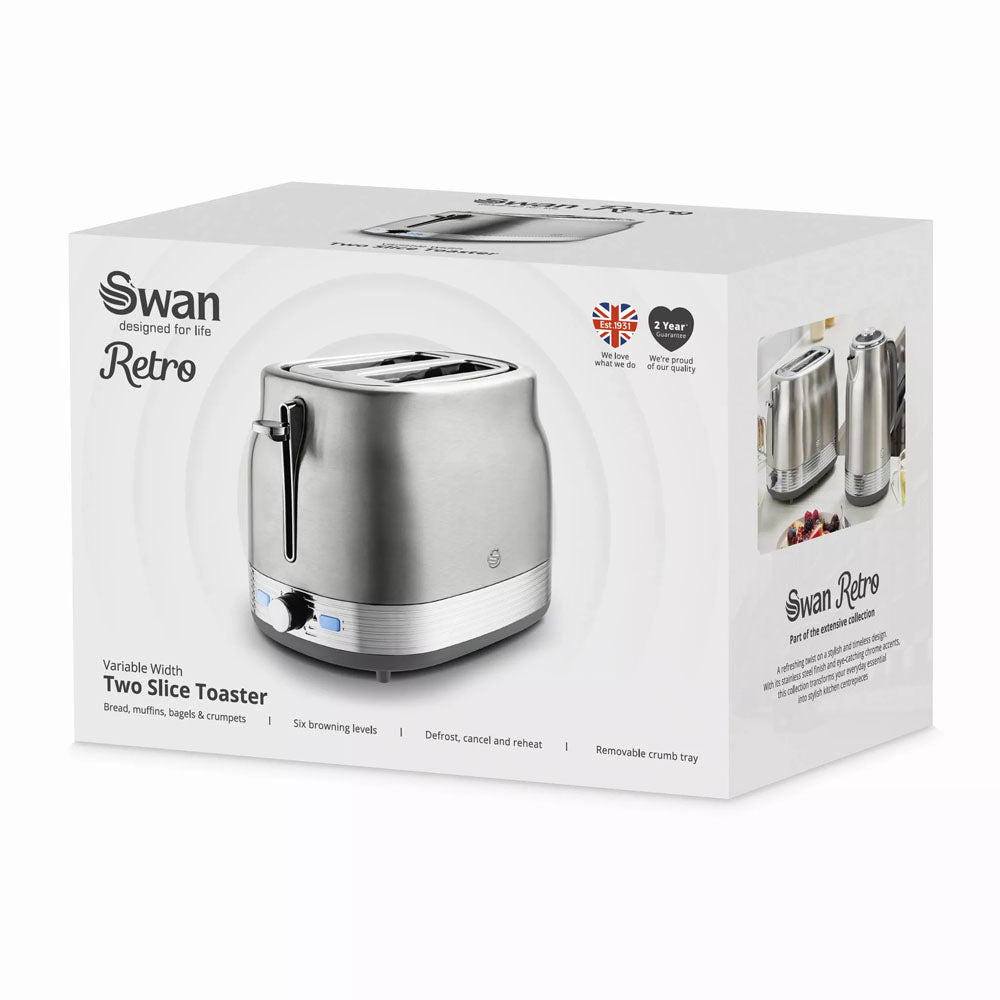 Swan Retro Revive 2 Slice Toaster – Stainless Steel - ST19028SS Toasters R K Wholesale Ltd (AIS) Brand_Swan CarlR Collections_Toasters Oct25 Product Type_2 Slice Toasters Swan Swan Retro Toaster Toasters
