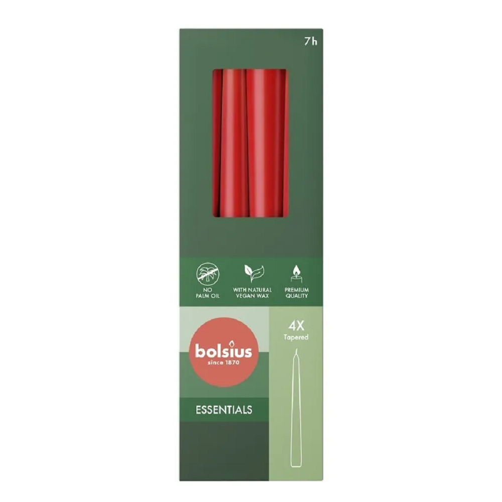 Bolsius CN6655 Essentials Taper Candles Box of 4 -245x24mm - Delicate Red - Premium Candles from Bolsius - Just $3.99! Shop now at W Hurst & Son (IW) Ltd