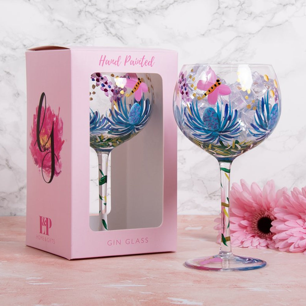 Lesser & Pavey Hand Painted Gin Glass - Thistles & Butterflies - LP74518 Drinking Glasses Lesser & Pavey Ltd aug25 Brand_Lesser and Pavey CarlR Drinking Glasses Drinkware Glasses Lesser & Pavey Party Time Product Type_Drinking Glasses
