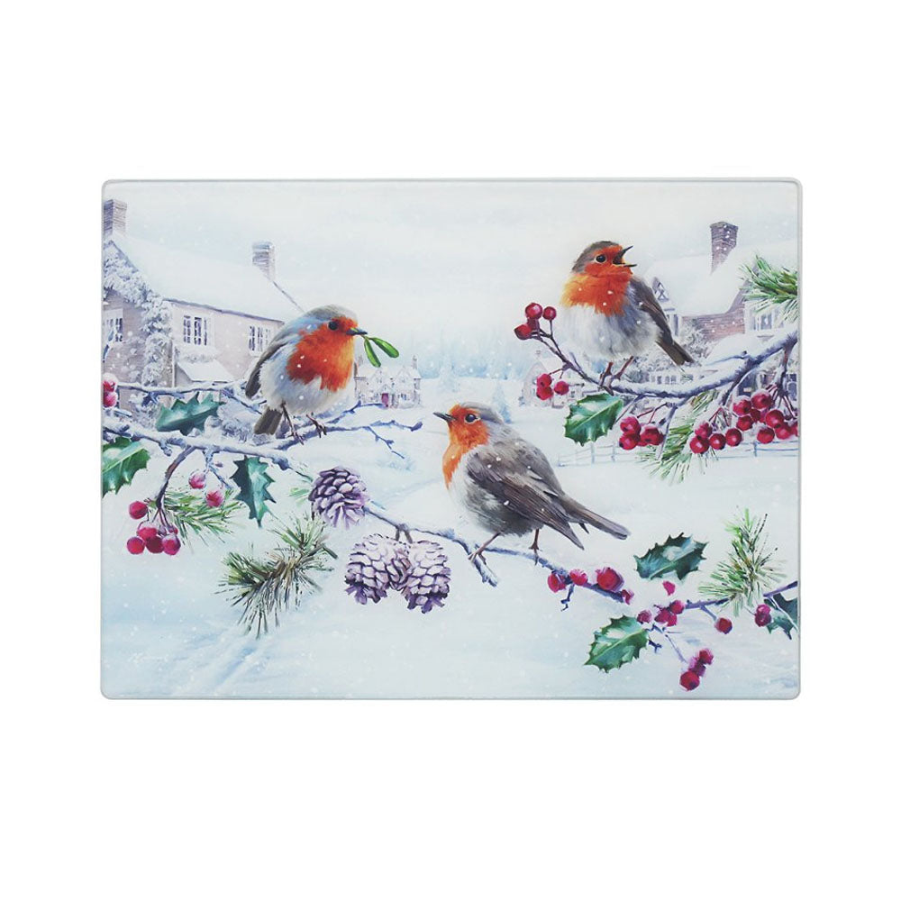 Lesser & Pavey Christmas Robins Glass Cutting Board - LP54268 Chopping Boards Lesser & Pavey Ltd All Things Christmas Brand_Lesser and Pavey CarlR Chopping Board Chopping Boards Christmas Christmas Products Collections_All Things Christmas Collections_Chopping Boards Lesser & Pavey Oct25 Product Type_Chopping Boards Xmas