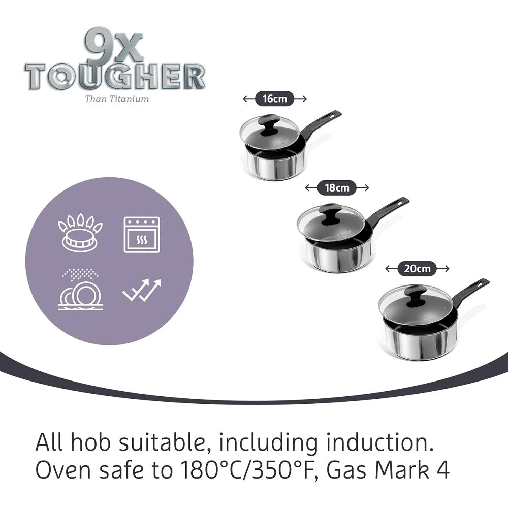 PRESTIGE 76327 9X Tougher S/Steel Saucepan Set 3 Piece saucepan sets Meyer Group Ltd (AIS) Brand_Prestige Collections_Saucepans / Casseroles Collections_Saucepans and Caseroles Feb25 free delivery Meyer Prestige Prestige Product Type_Saucepan Lids & Knobs Product Type_Saucepan Sets Product Type_Saucepans RobC Saucepan Saucepans Saucepans & casseroles