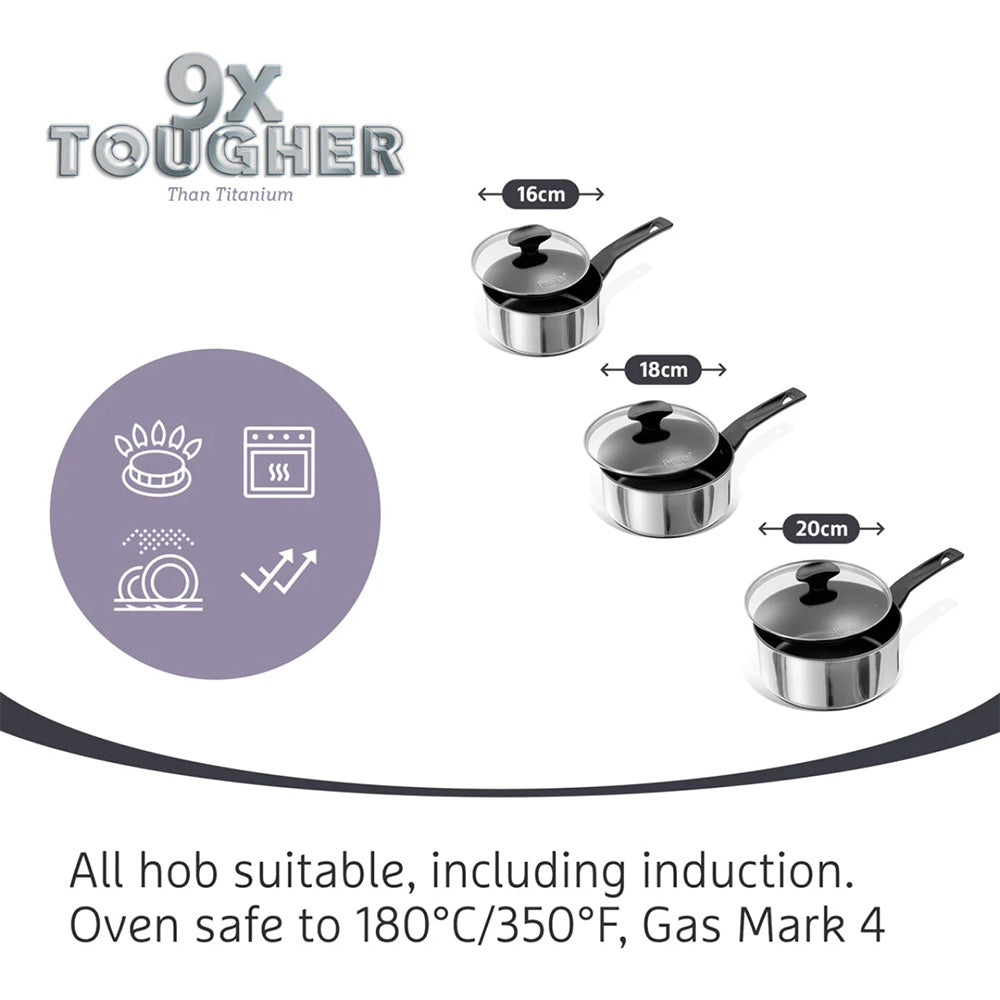 Prestige 76328 9X Tougher S/Steel Saucepan Set 4PCE + Free Milkpan