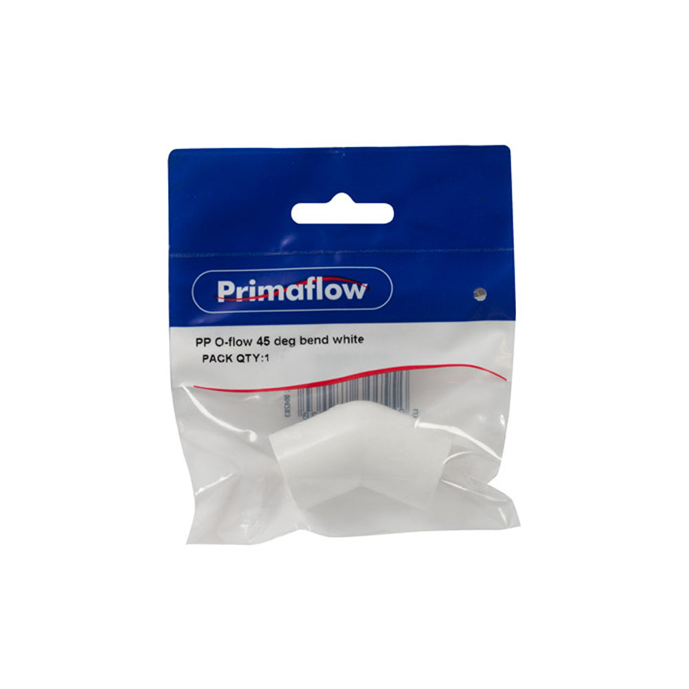 PS PP Overflow 45° Bend – White - 90015009 pipe Primaflow Ltd (NMBS) aug25 CarlR Collections_Pipe / Drain Tools Collections_Plumbing Fittings Pipe & Drain Tools Pipe Fitting Plumbing Plumbing Fittings Primaflow