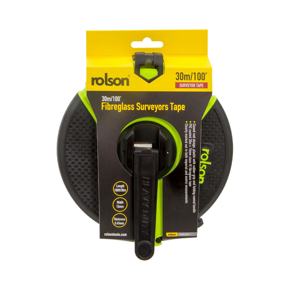 30m/100ft Fibreglass Surveyors Tape - 50740 Tape Measures Rolson Tools Ltd Brand_Rolson CarlR Collections_Measures Rules and Levels DIY Expert DIY Measures & Rules Measures Rules & Levels Oct25 Product Type_Tape Measures Rolson