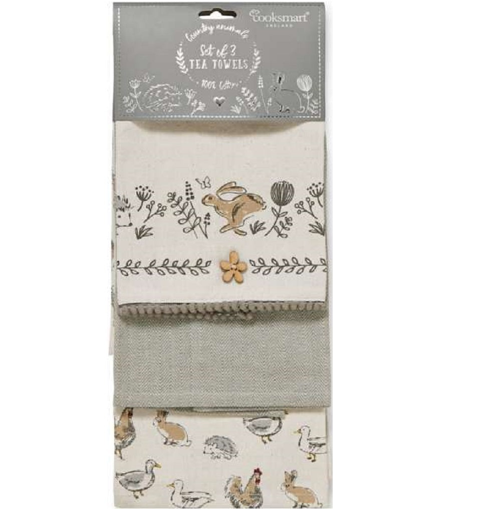 Cooksmart TT1791 Country Animals Tea Towels PK3