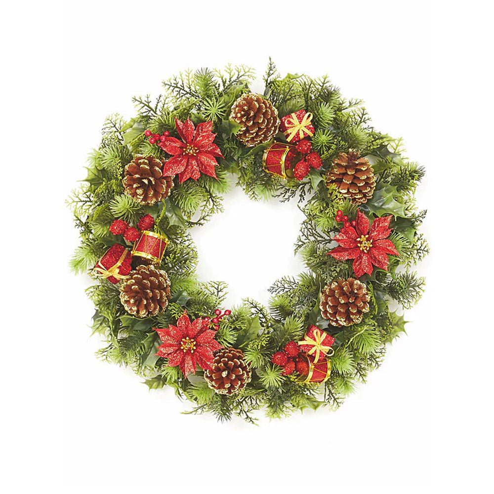 Xmas Wreath - Red/Gold Parcels 45cm - DF149060 Wreaths Premier Decorations Ltd All Things Christmas Brand_Premier Decorations CarlR Christmas Christmas Decorations Christmas Products Collections_All Things Christmas Nov25 Premier Decorations Product Type_Christmas Decorations Product Type_Wreaths Wreaths / Flowers Wreaths / Hangers