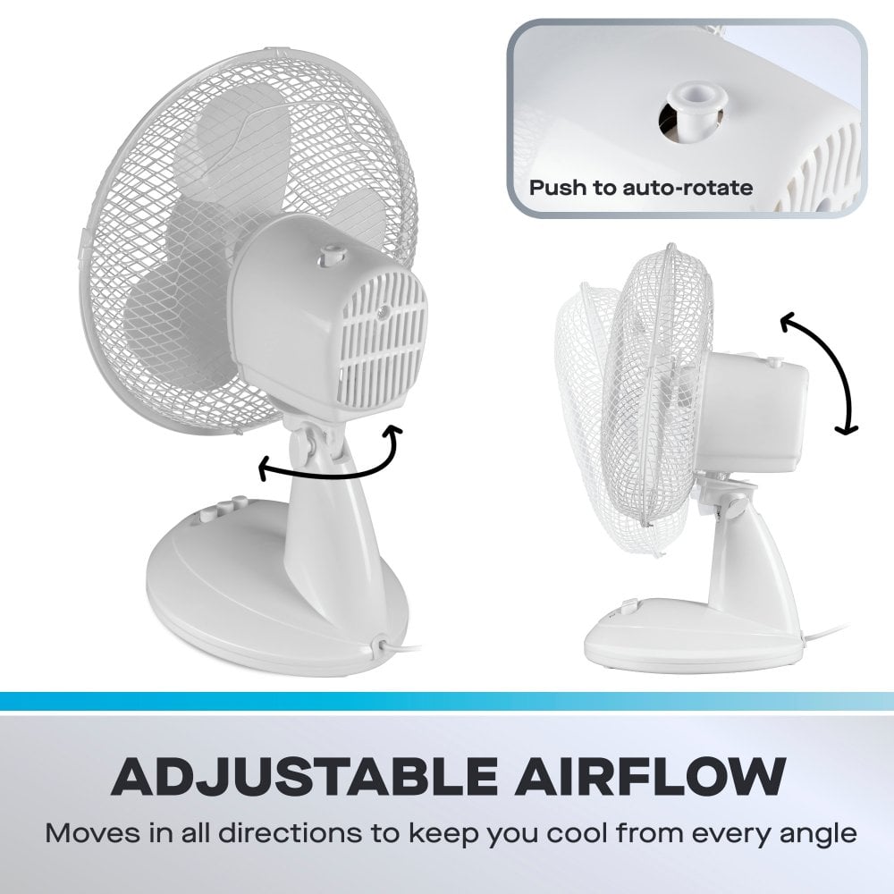 Daewoo 9" Oscillating Desk / Table Fan – White (Part No: COL1586GE) Desk Fans Various Brand_Daewoo CarlR Collections_Fans / Air Cooling Daewoo Fans Fans & Air Cooling Google Product Heating / Cooling Product Type_Desk Fans summer
