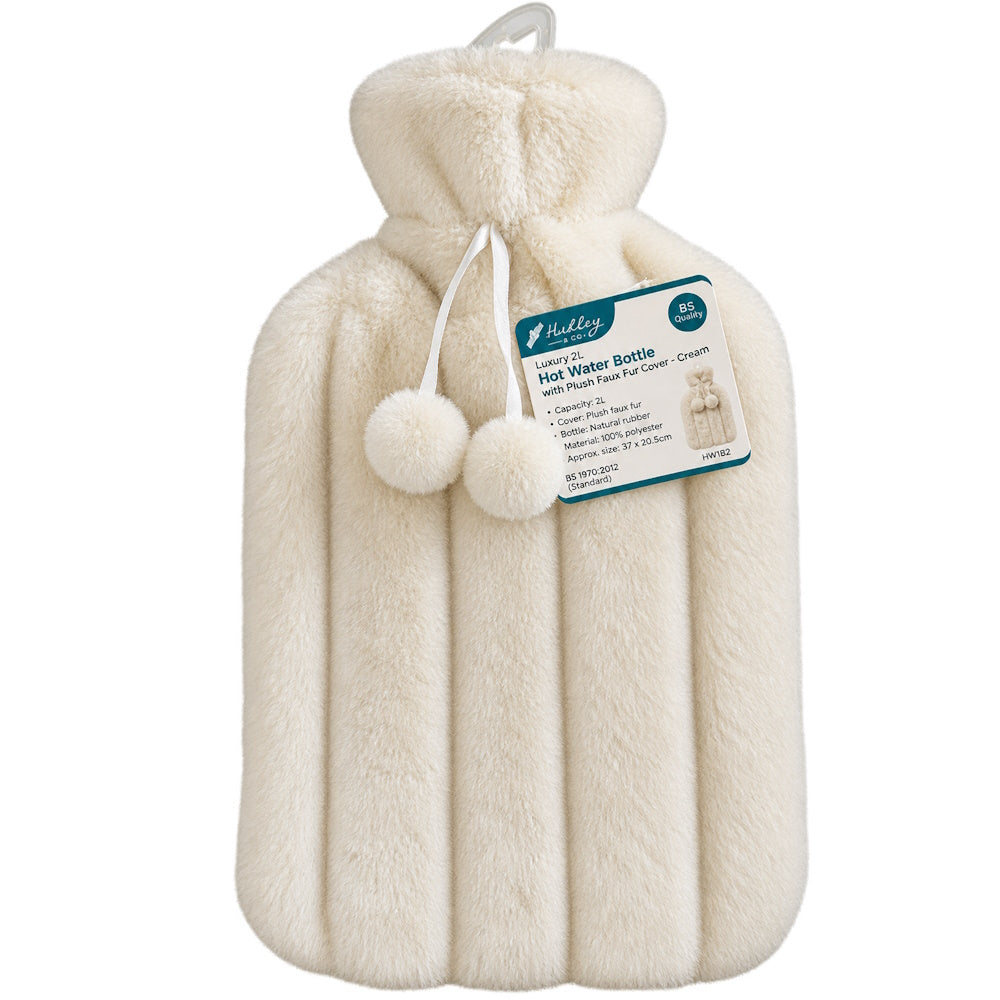 Ashley Housewares 2Ltr Hot Water Bottle with Faux Fur Cream Cover - HW182