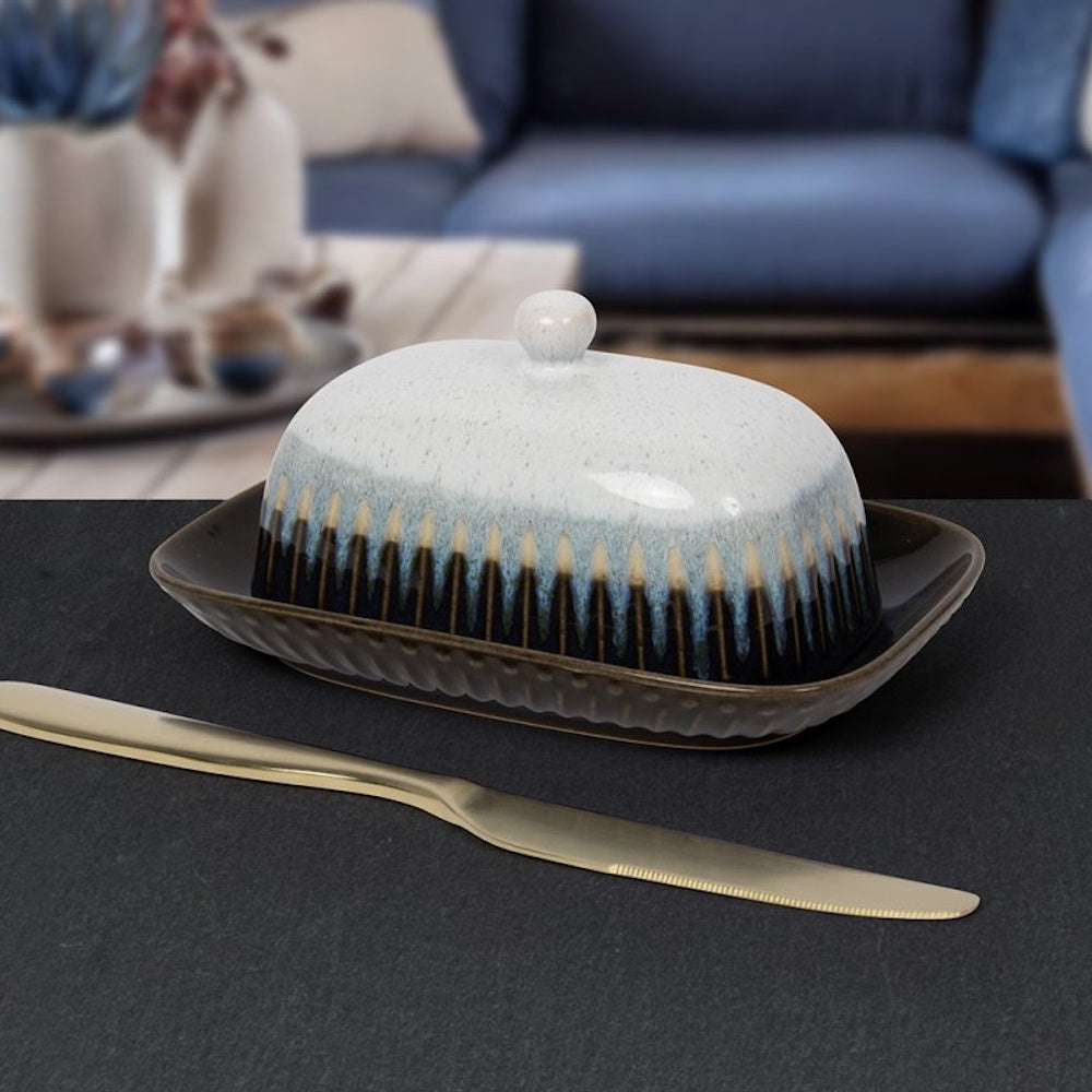 Reactive Glaze Blue/Brown Butter Dish - LP74425 Butter Dishes Lesser & Pavey Ltd Brand_Lesser and Pavey Butter Dishes CarlR Collections_Tableware Dining & Tableware Kitchen & Dining Lesser & Pavey Product Type_Butter Dishes Product Type_Picnic Dining Sundry Tableware Tableware