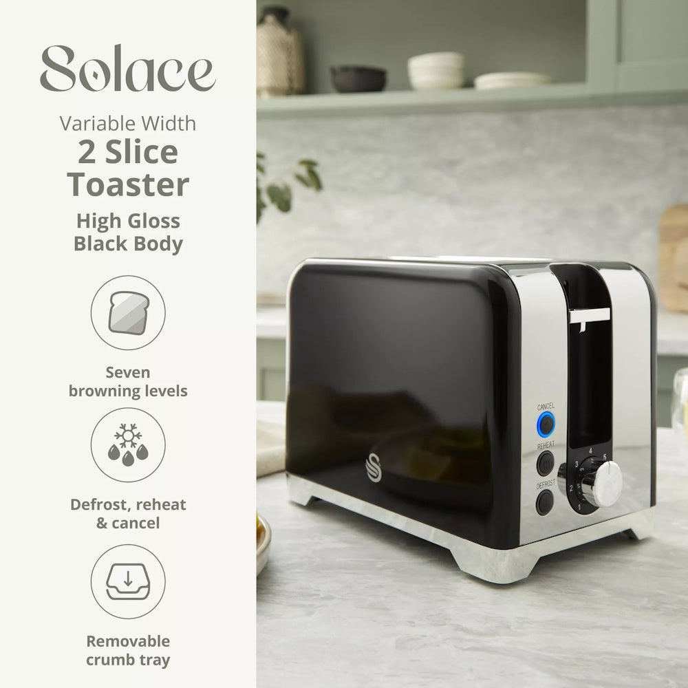 Swan Solace 2 Slice Toaster – Black - ST19031BLK 2 Slice Toasters R K Wholesale Ltd (AIS) Brand_Swan CarlR Collections_Toasters Kitchen Kitchen & Dining Kitchen Appliances Product Type_2 Slice Toasters Swan Toaster Toaster2 slice Toasters