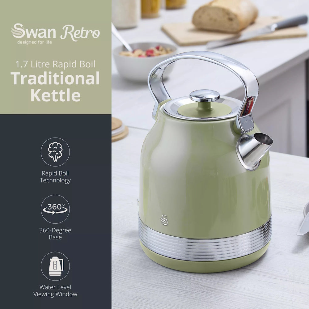 Swan Retro Revive Trad Kettle 1.7L – Green - SK14631GR Electric Kettles R K Wholesale Ltd (AIS) Brand_Swan CarlR Collections_Kettles Electric Kettles Kettle Kettles Kitchen Kitchen & Dining Kitchen Appliances Kitchenware Product Type_Kettles Swan Swan Retro