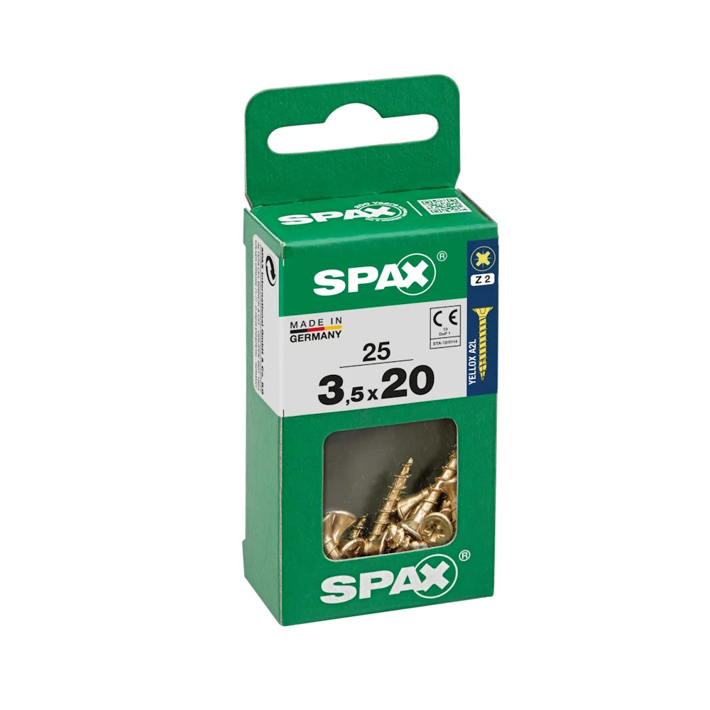 Spax Pozi Flat CSK Yellox Coated 3.5 x 20mm PZ2 - Pack of 25 - 4081020350201 Screws Spax UK Ltd (NMBS) CarlR Collections_Other Screws Collections_Screws / Nails Collections_Woodscrews DIY Expert DIY Other Screws Product Type_Screws Screws Screws & Nails spax Woodscrews