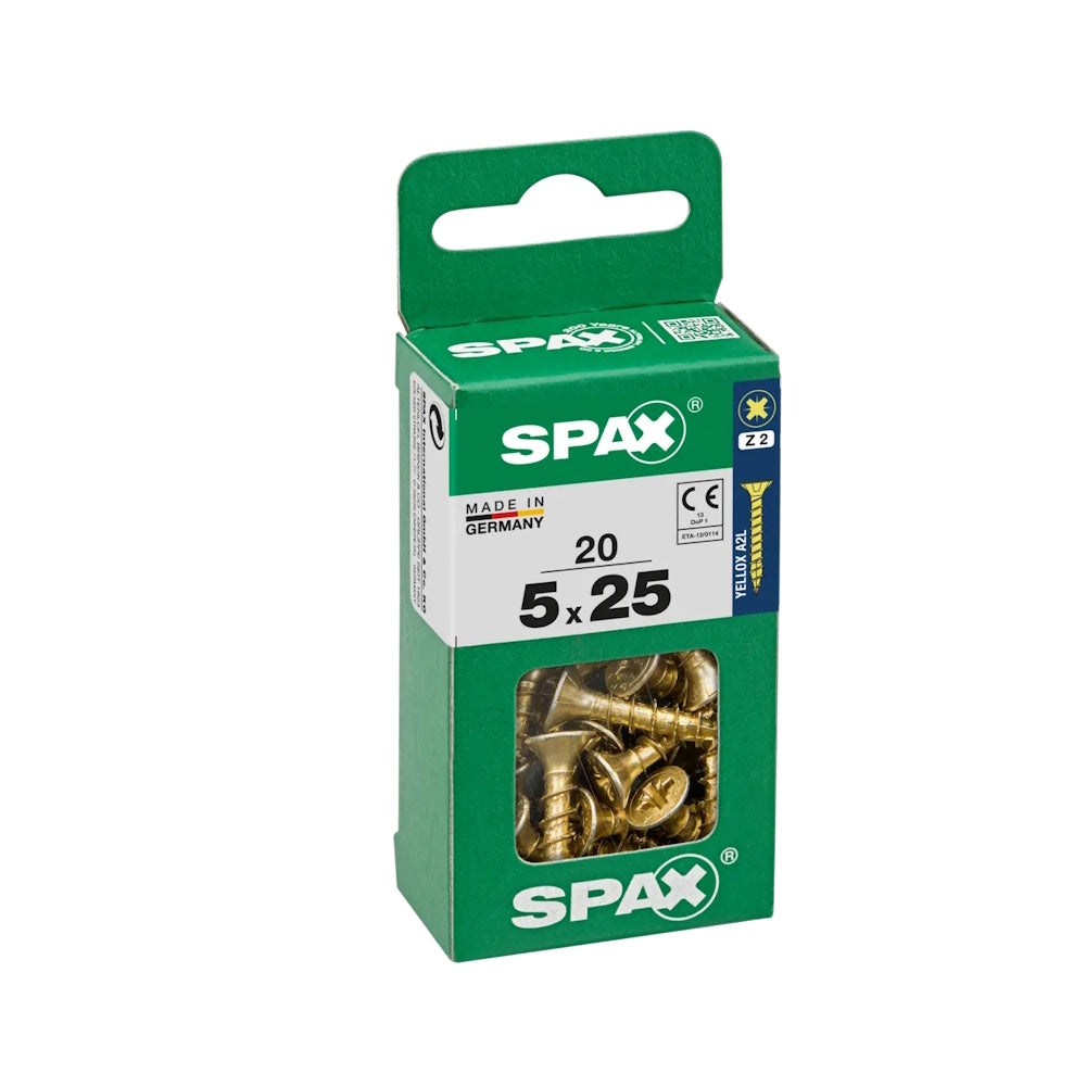 SPAX Pozi Flat CSK Yellox Coated Screws – 5.0 x 25mm, PZ2 - 4081020500251 - Pack of 20 Screws Spax UK Ltd (NMBS) CarlR Collections_Other Screws Collections_Screws / Nails Collections_Woodscrews DIY Expert DIY Other Screws Product Type_Screws Screws Screws & Nails spax Woodscrews