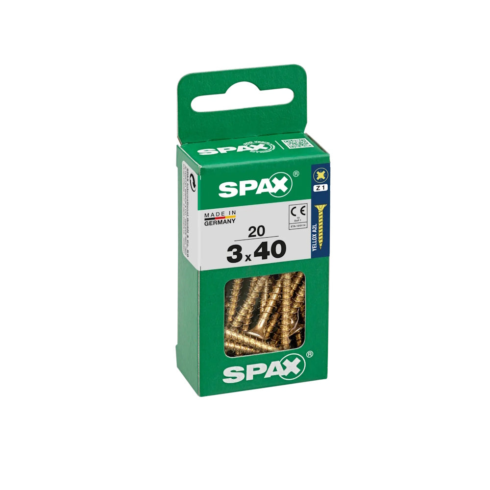 Spax Pozi Flat CSK Yellox Coated 3.0 x 40mm PZ1 - Pack of 20 - 4081020300401 Screws Spax UK Ltd (NMBS) CarlR Collections_Other Screws Collections_Screws / Nails Collections_Woodscrews DIY Expert DIY Other Screws Product Type_Screws Screws Screws & Nails spax Woodscrews