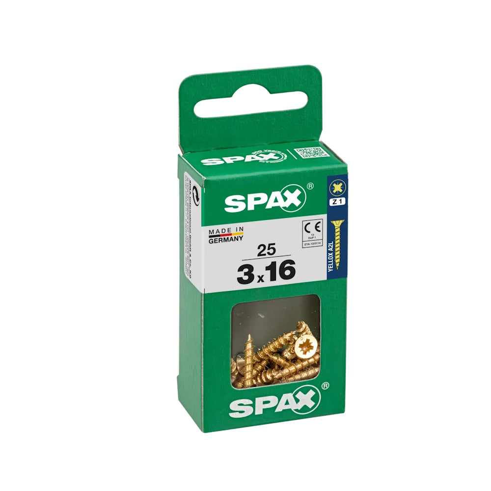 Spax Pozi Flat CSK Yellox Coated 3.0 x 16mm PZ1 - Pack of 25 - 4081020300161 Screws Spax UK Ltd (NMBS) CarlR Collections_Other Screws Collections_Screws / Nails Collections_Woodscrews DIY Expert DIY Other Screws Product Type_Screws Screws Screws & Nails spax Woodscrews