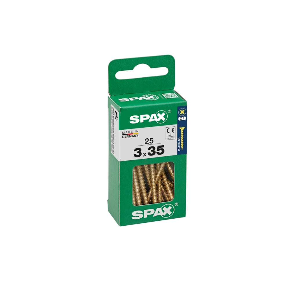 Spax Pozi Flat CSK Yellox Coated 3.0 x 35mm PZ1 - Pack of 25 - 4081020300351 Screws Spax UK Ltd (NMBS) CarlR Collections_Other Screws Collections_Screws / Nails Collections_Woodscrews DIY Expert DIY Other Screws Product Type_Screws Screws Screws & Nails spax Woodscrews