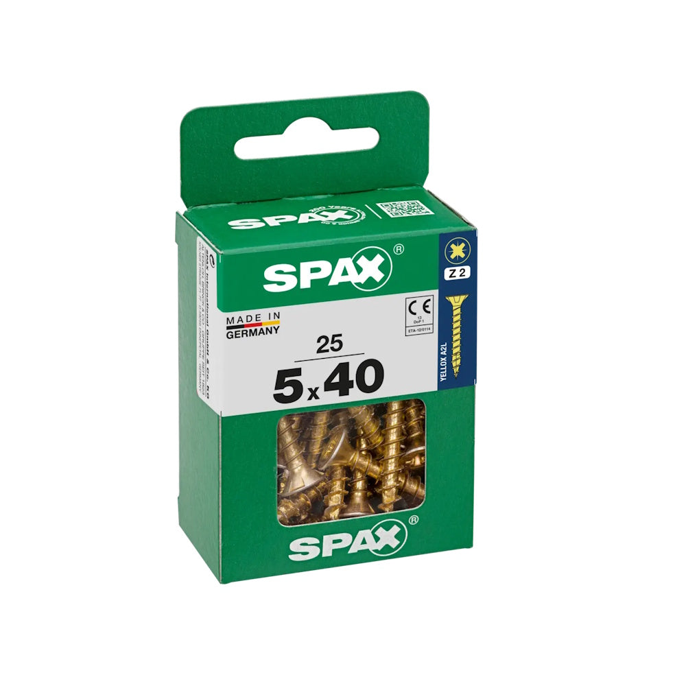 SPAX Pozi Flat CSK Yellox Coated Screws – 5.0 x 40mm, PZ2 - 4081020500402 - Pack of 25 Screws Spax UK Ltd (NMBS) CarlR Collections_Other Screws DIY Expert DIY Other Screws Product Type_Screws Screws Screws & Nails spax Woodscrews