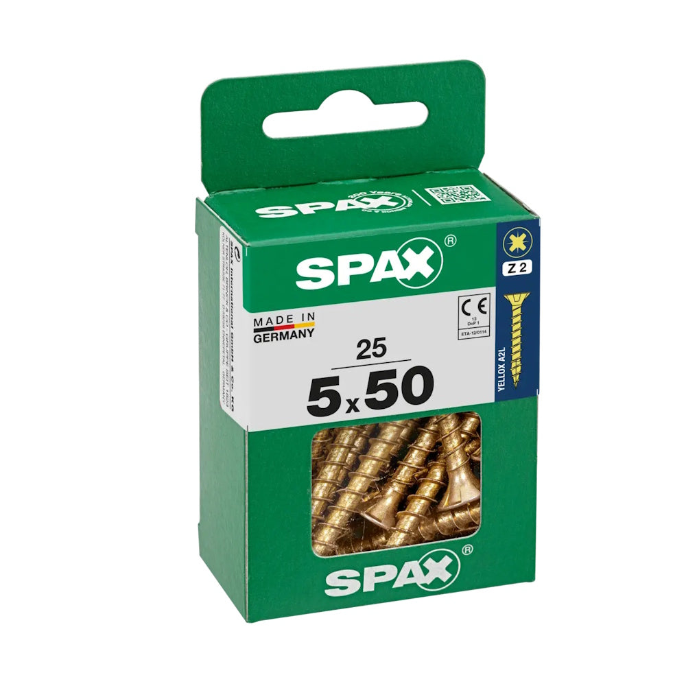 SPAX Pozi Flat CSK Yellox Coated Screws – 5.0 x 50mm, PZ2 - 4081020500502 - Pack of 25 Screws Spax UK Ltd (NMBS) CarlR Collections_Other Screws Collections_Screws / Nails Collections_Woodscrews DIY Expert DIY Other Screws Product Type_Screws Screws Screws & Nails spax Woodscrews